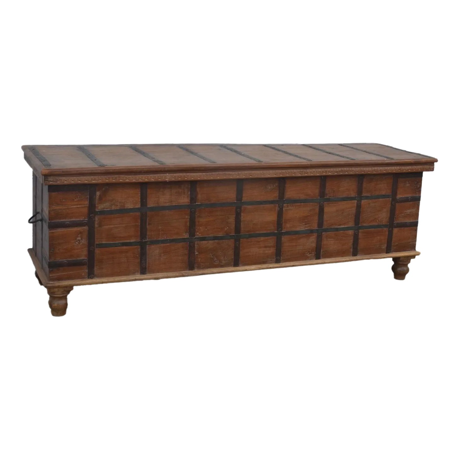 Solid Reclaimed Teak Wood Trunk With Iron Grid Detailing | Chairish