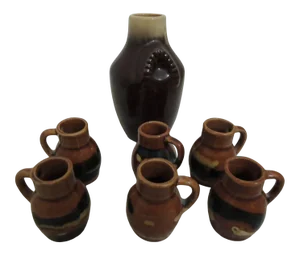 1950s Ceramic Pottery Sake Carafe and Cups Sake Set - 7 Pieces
