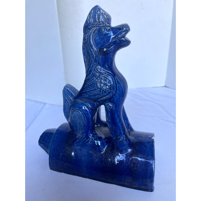 • Vintage Chinese Cobalt Blue Glazed Figural Architectural Roof Tile Guardian Beast - 8" For Sale - Image 4 of 10
