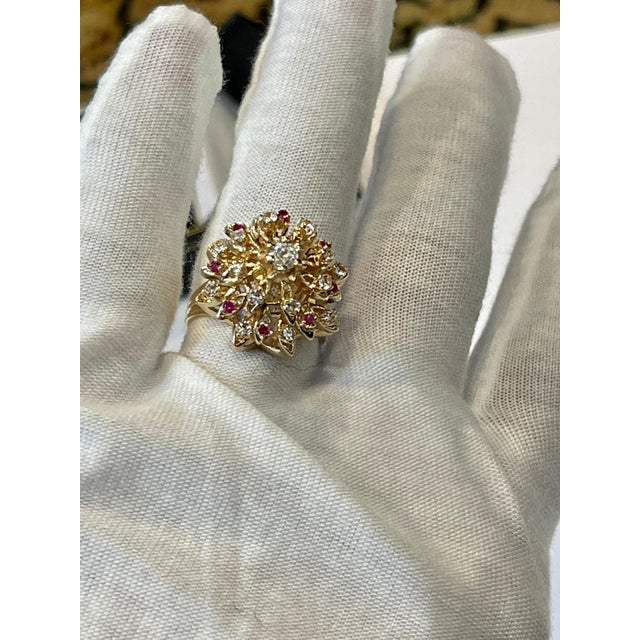 Natural Ruby and Diamond 14 Karat Yellow Gold Flower Cocktail Ring For Sale - Image 14 of 18