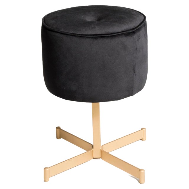 Stool with Brass Base and Black Velvet Upholstery, 1970s For Sale