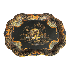 Antique Chinoiserie Abalone Inlaid Scenic Paper Mache Tray