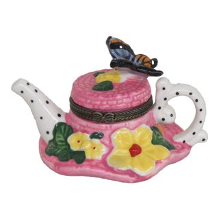 Hinged Teapot Hat and Butterfly Themed Vanity Trinket Box With Lid For Sale