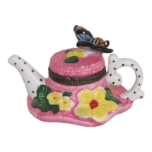 Hinged Teapot Hat and Butterfly Themed Vanity Trinket Box With Lid