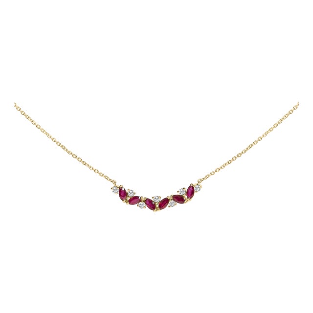 14K Yellow Gold Red Ruby and Diamond Trio Bar Line Necklace (I-J Color, SI2-I1 Clarity) - 18 inch For Sale