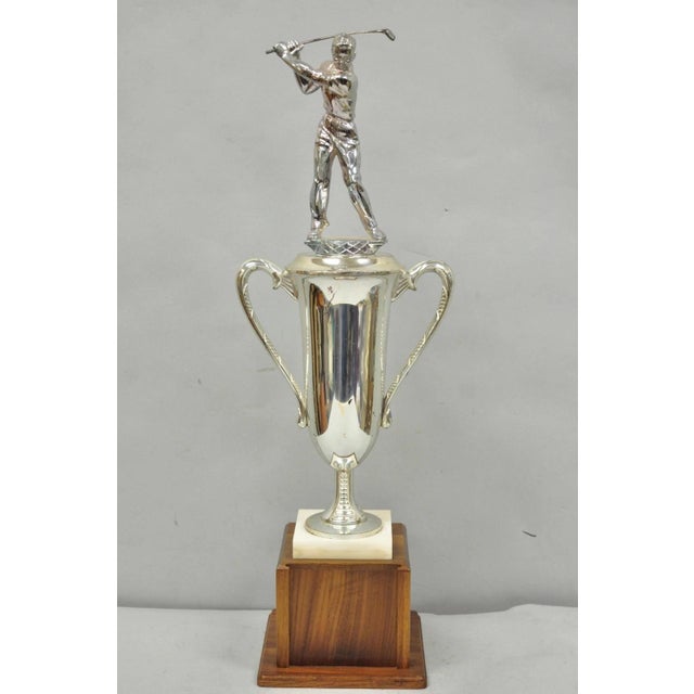 Vintage 1970s Art Deco Silver Metal Marble & Wood Figural Golf Trophy Award Cup For Sale - Image 17 of 17