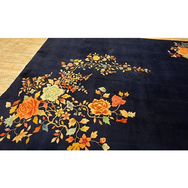 Navy Blue 1930s Black Floral Spray Antique Chinese Art Deco Carpet 8'10" X 11'6" Handknotted Wool Rug For Sale - Image 8 of 13