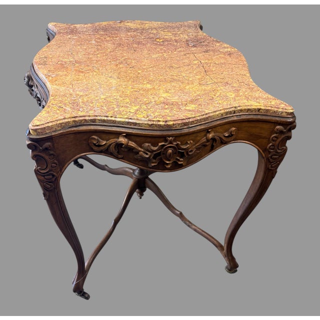 Antique French Louis XV Style Marble Top Carved Walnut Center Side Table Description: Add timeless elegance to your home...
