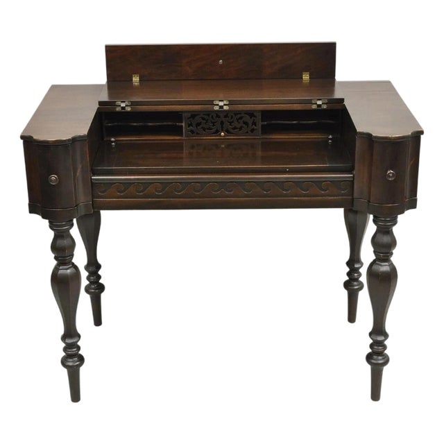 Antique Victorian Mahogany Spinet Piano Style Flip Top Secretary Writing Desk For Sale