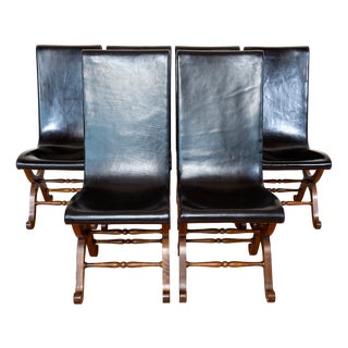Mid-Century Spanish Oak and Black Leather Dining Chairs by Pierre Lottier for Valmazan, 1960s, Set of 6 For Sale