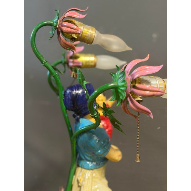 Stunning and colorfully jewel-toned one-of-a-kind vintage 28” tall ceramic figurine accent lamp on wood base with...