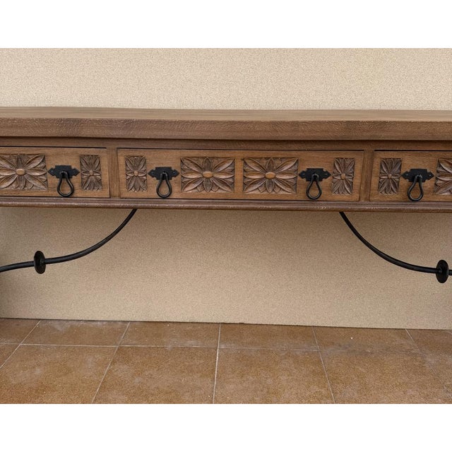 20th Century Spanish Rustic Carved Wood Console Table , 1965 For Sale - Image 10 of 12
