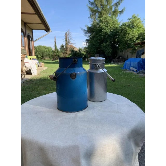 Blue and Aluminum Milk Cans, 1950s, Set of 2 For Sale - Image 4 of 8