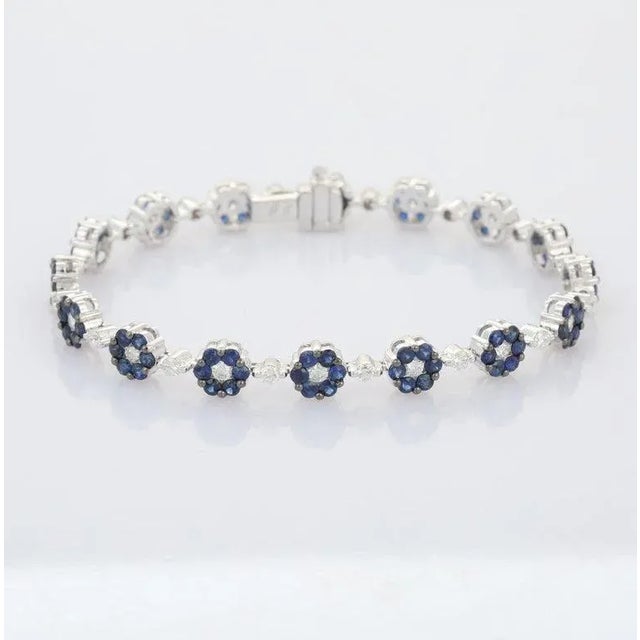 5.09ct Sapphire Diamond Floral Bracelet in 18k White Gold- Gift for Her For Sale - Image 4 of 11