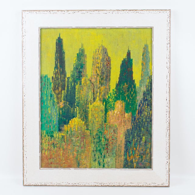Pointillism Skyscrapers Cityscape Oil on Canvas Painting by Le Boreux For Sale - Image 4 of 17