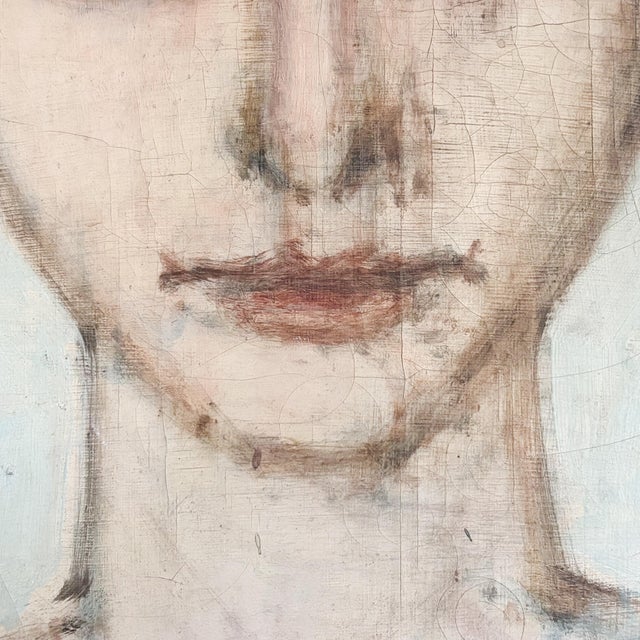 Mid-Century Modern 1960s French Artist Michel Thompson Weathered Portrait of a Young Woman French Oil Painting For Sale - Image 3 of 13