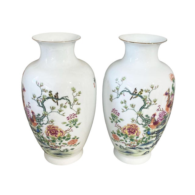 Chinoiserie Chinoiserie Pair of Porcelain White Egg Shell Vases 14" H For Sale - Image 3 of 8