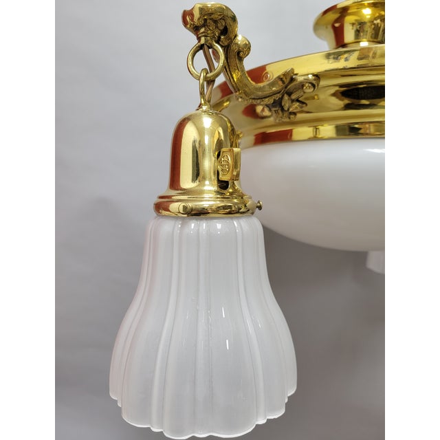 Vintage Classic Revival Brass Pan Fixture With Glass Shades For Sale In Cincinnati - Image 6 of 12