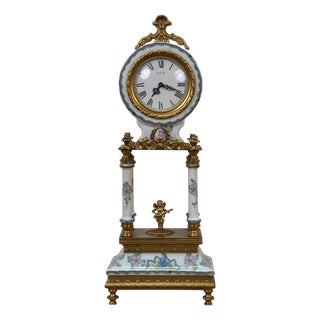 Mid 20th Century Acf Bangkok Brass Porcelain Neoclassical Cherub Column Mantel Clock For Sale
