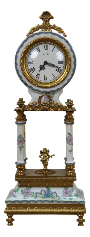 Mid 20th Century Acf Bangkok Brass Porcelain Neoclassical Cherub Column Mantel Clock