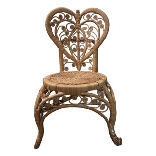 Mid 20th Century Vintage Fiddlehead Natural Wicker Chair With Heart Shaped Back For Sale