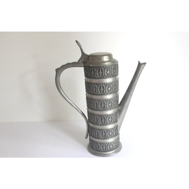 Mid 20th Century Pewter Coffee Pot, Tall Norwegian Lidded Pitcher With Black Detail and Patina, Vintage Haugrud Norway Zinn Handle For Sale - Image 4 of 10