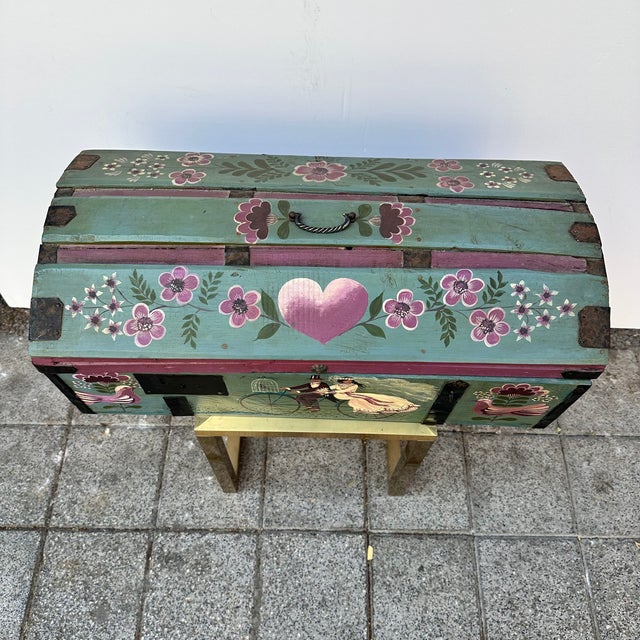 Provençal Style Wedding Chest in Polychrome Wood and Wrought Iron, France, 1930s For Sale - Image 9 of 18