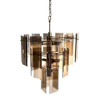 1970s Smoky Glass Pane & Brass Chandelier For Sale