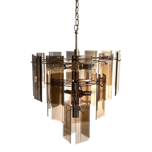 1970s Smoky Glass Pane & Brass Chandelier For Sale