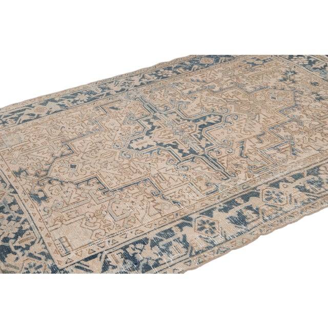 Textile Antique Heriz Shabby Chic Beige and Blue Handmade Wool Rug For Sale - Image 7 of 9