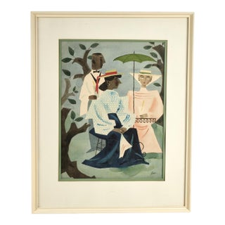 Modernist Watercolor Painting of Three Figures in a Garden For Sale