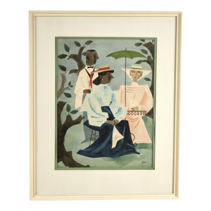 Modernist Watercolor Painting of Three Figures in a Garden