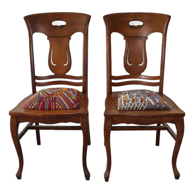 1910s Pair of Antique Charles William Stores Lyre-Back Chairs With Original Label & Removable Cushions For Sale