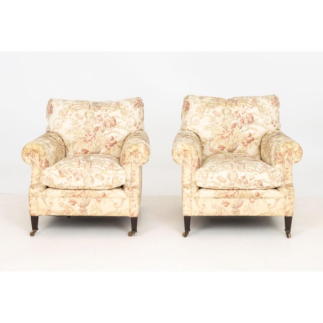 Pair of George Smith Floral Fabric Upholstered Arm Chairs, with George Smith label underside. 31.5" H x 37" W x 34" D;...