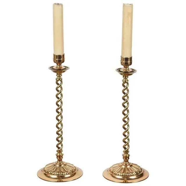 Antique 19th C. Pair of Victorian Brass Over scale Barley Twist Candlesticks. Elegant Victorian English brass cast pair of...