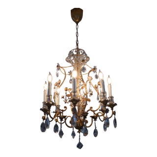Vintage Maison Baguès Gilded Metal & Crystal Chandelier – French Hollywood Regency For Sale