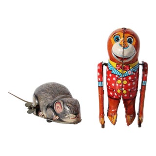 Set of Two 1950s Wind-Up, Clockwork Toys, Acrobat Monkey and Wonder Mouse, Japan For Sale