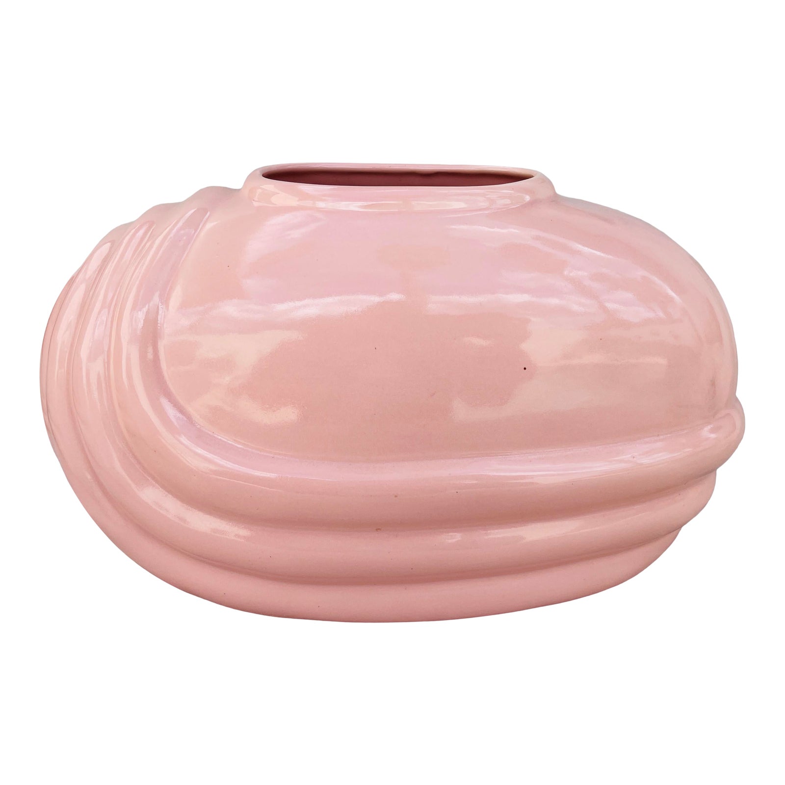 Vintage 1980's Art Deco Pink Ceramic Draped Oblong Vase | Chairish