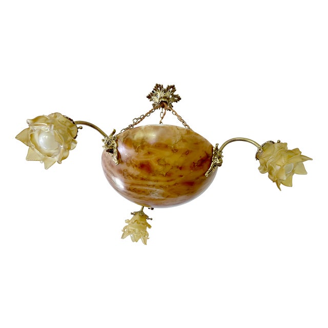 Art Deco Pendant Light in Alabaster Marble and Bronze, 1930s For Sale