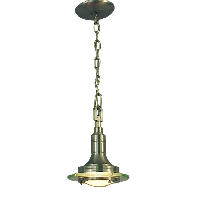 1970s Modern Hanging "Saturn" Light, Thick Glass Disc, Nickel Hardware For Sale
