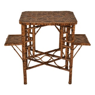 Circa 1920 English Bamboo Side Table With Side Shelves For Sale