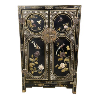 Vintage Black Lacquer Mother of Pearl Cabinet From Tianjin, China For Sale