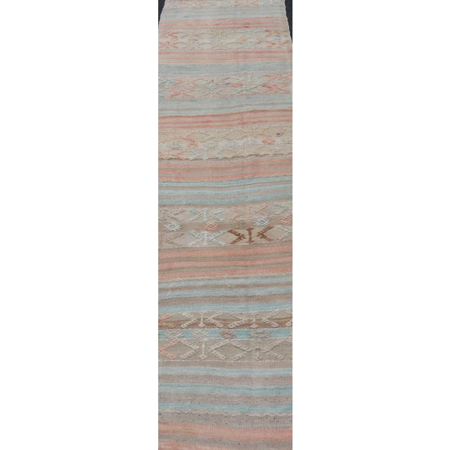 Traditional Mid 20th Century Geometric Stripe Vintage Turkish Kilim Flat-Weave Runner in Tan and Coral Color For Sale - Image 3 of 12