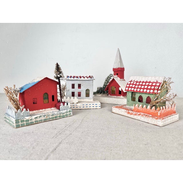 Mid century set of 4 Putz Blume Christmas village houses. Made in Japan. Sweet little cardboard houses, church, and...
