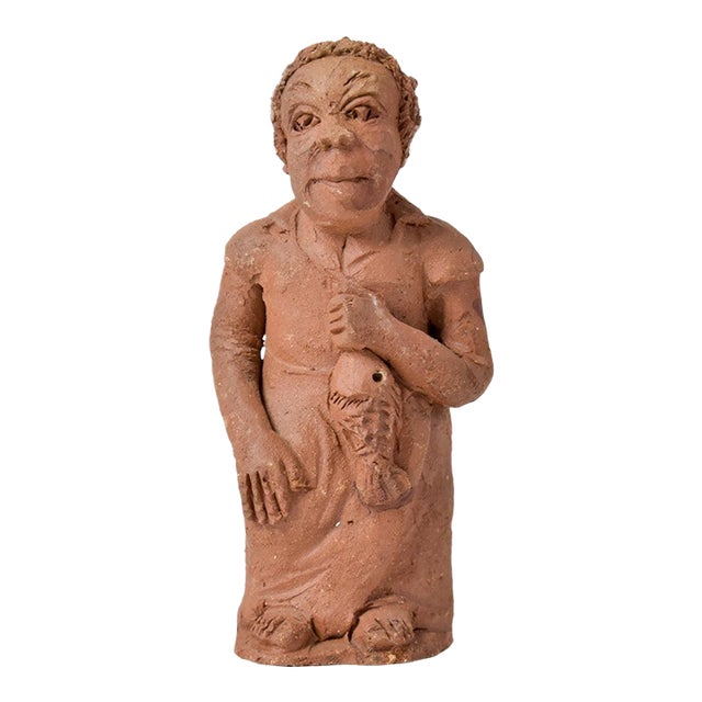 Early 20th Century Earthenware Terracotta Clay Female Figurine With Fish Malawi For Sale