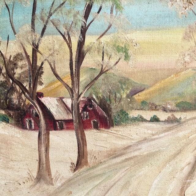 Farmhouse Mid-20th Century Winter Farmhouse Landscape, Oil on Board -- Framed For Sale - Image 3 of 12