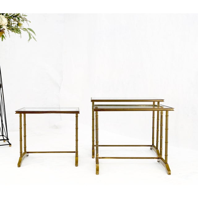Set of MCM Solid Brass Faux Bamboo Glass Top Nesting Side End Tables Stands For Sale - Image 11 of 15