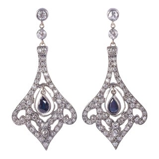 Early 20th Century Victorian Pear Sapphire & Diamond Dangle Earrings - 2 Pieces For Sale