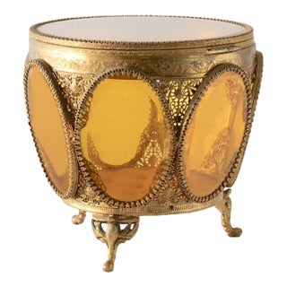 Large Midcentury French Amber Glass & Ormolu Jewelry Casket W/ Tufted Lining For Sale