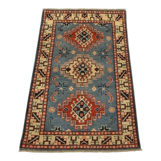 Kazak Rug 2’8” X 4′ Blue Wool Tribal Hand-Knotted Oriental Carpet For Sale